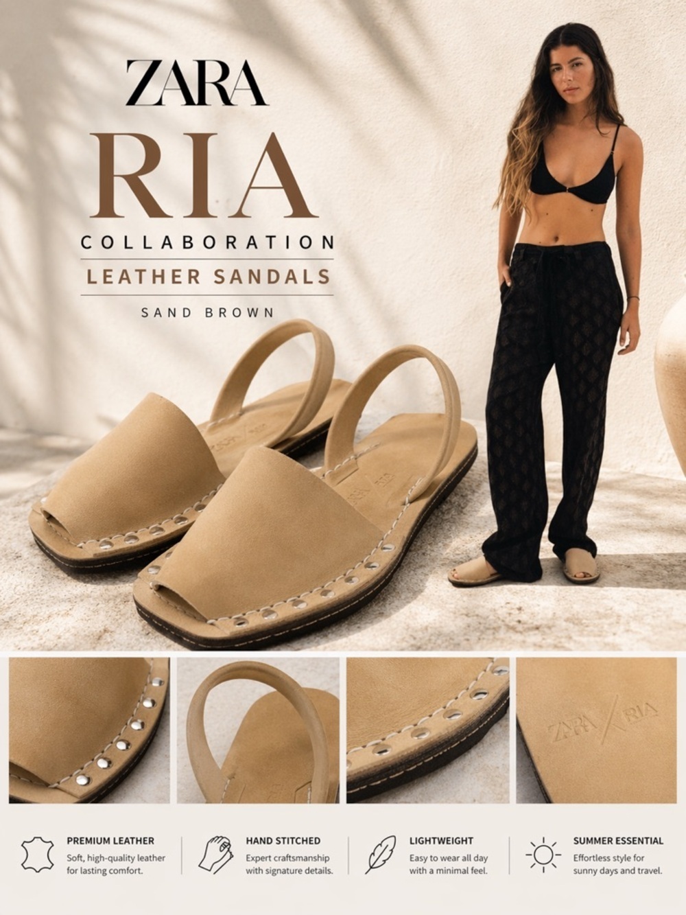 ZARA | Sand Brown | RIA COLLABORATION FLAT LEATHER SANDALS